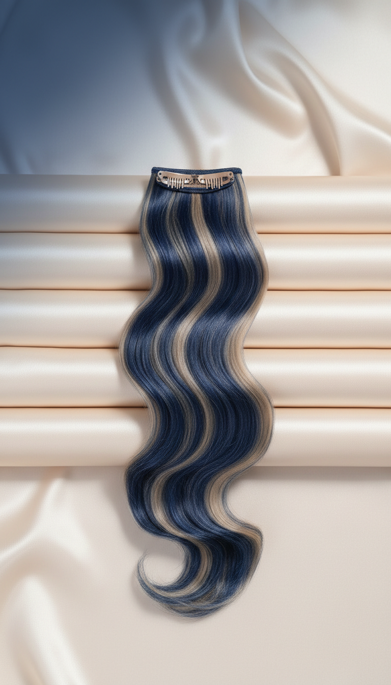 Clip-in human hair extension in deep blue box