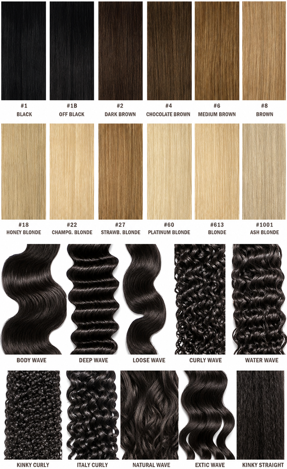Silk & Blue Remy weft color chart, 12 available shades