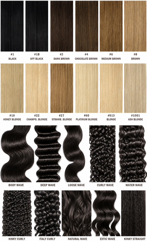 Silk & Blue Remy weft color chart, 12 available shades
